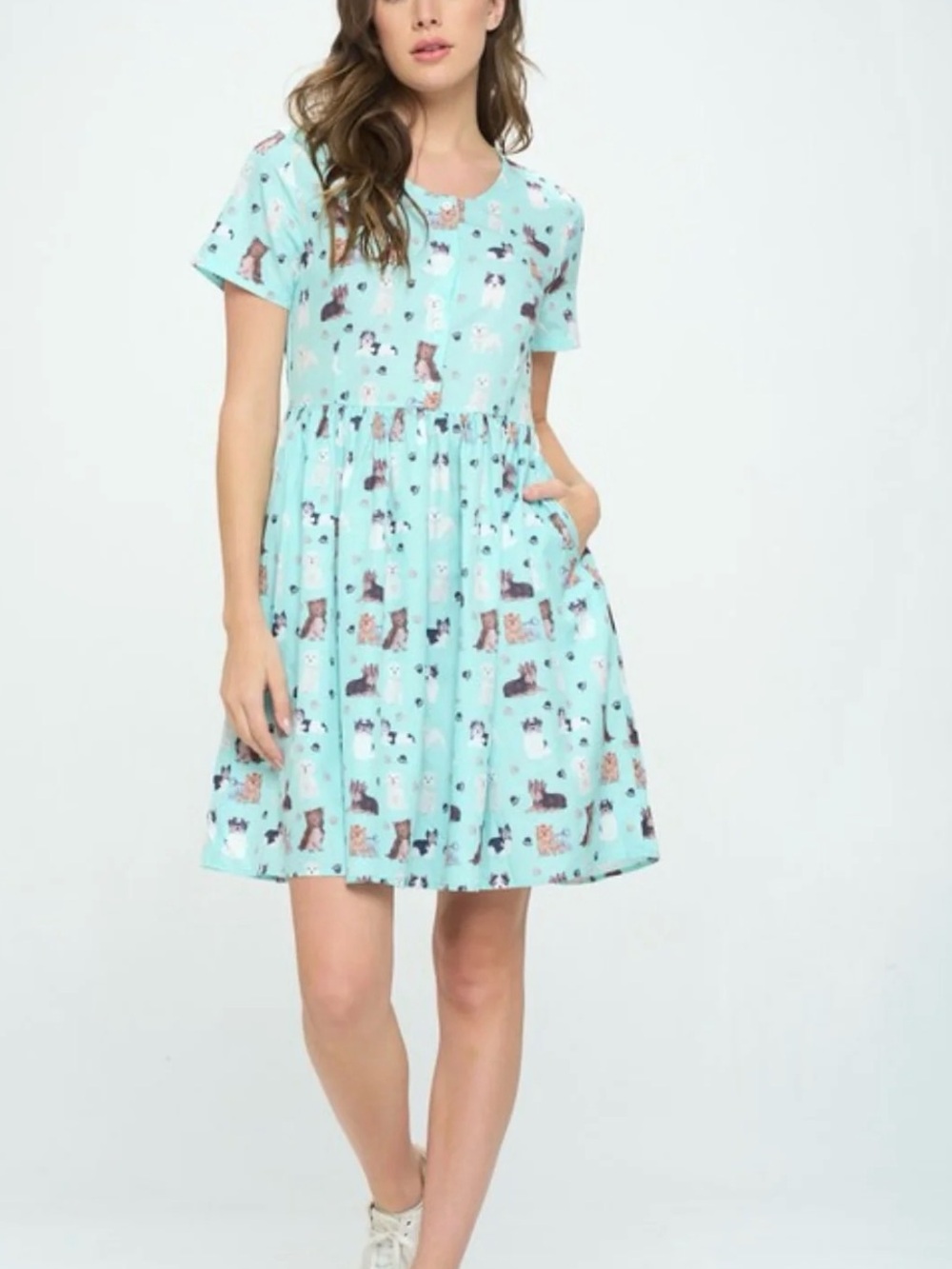 Mint Short-Sleeve dog Print Mini Dress